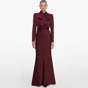 Self-Portrait NWOT BURGUNDY TIE NECK SATIN MAXI DRESS